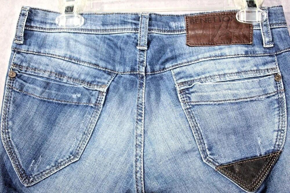 Benetton Skinny Jeans Womens 28W Blue Medium Wash Mid Rise Slim Distressed 28x29